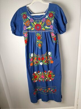 Blue Embroidered Mexican Puebla Puff Sleeve Midi Dress with Bright Floral Motif